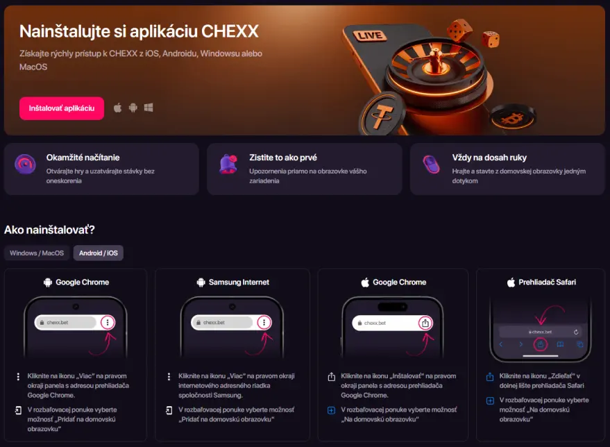 PWA CHEXX na mobilnom zariadení